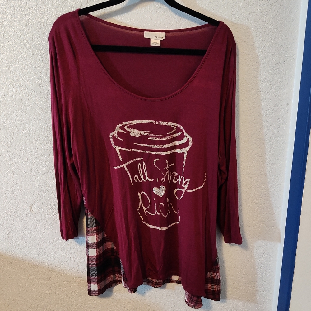 3/4 Sleeve Burgundy Red & Plaid Top Size 1X
